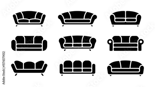 Vector art of a grid of nine black silhouette icons showcasing various styles of sofas and couches
