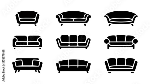 Vector art of a grid of nine black silhouette icons showcasing various styles of sofas and couches