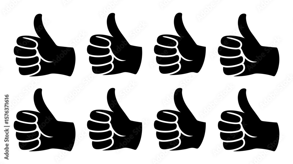 Fototapeta premium Vector art of a collection of eight black thumbs up icons in various angles and perspectives