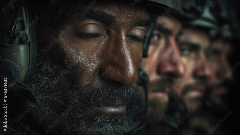 Close-up of diverse military personnel wearing tactical helmets and communication headsets in formation Close-up of diverse military personnel wearing tactical helmets and communication headsets in formation