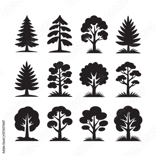 A selection of tree silhouettes, including conifers and broadleaf trees, isolated on a clean white background