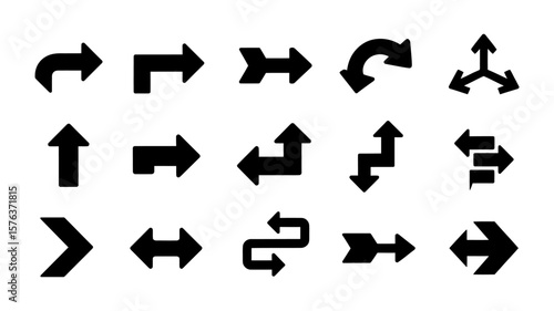 Vector art of a comprehensive set of black arrow icons showcasing different directions and styles on a white background