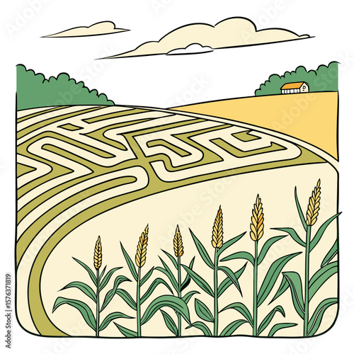 A whimsical illustration of a corn maze on a farm with ripening corn stalks in the foreground and a small house in the distance under a cloudy sky