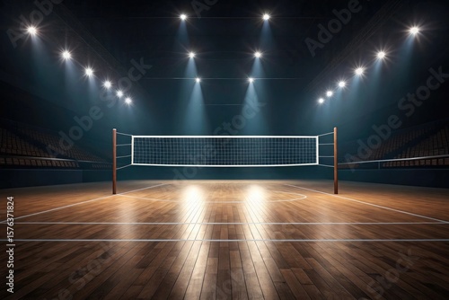 Volleyball court with net hardwood floor and stadium lighting in a dark indoor arena