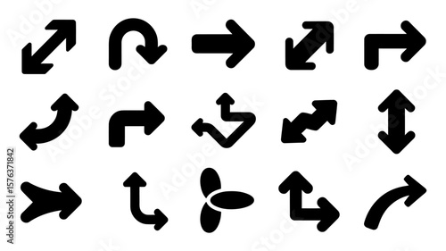 Vector art of a diverse collection of black arrow icons indicating various directions and movements on a white background