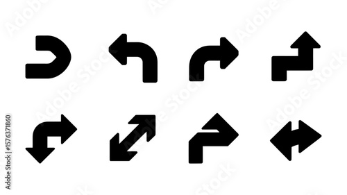 Vector art of a curated selection of black arrow icons representing various directions and turns on a white background