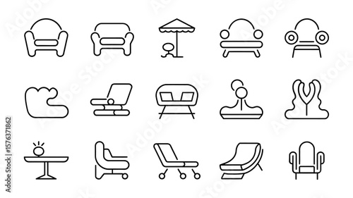 Vector art of an assortment of stylish chair icons presented as line art on a clean white background