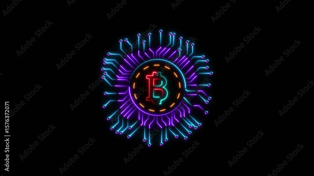 Bitcoin icon animation on technology circle. glowing crypto currency  motion graphics. blockchain stock exchange icon 4k video footage.