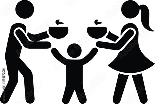 Black pictogram parents giving bowls of food to child simple icon family feeding toddler mealtime nourishment