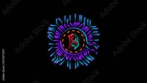 Bitcoin icon animation on technology circle. glowing crypto currency  motion graphics. blockchain stock exchange icon 4k video footage.