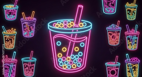 Neon bubble tea illustration on a black background