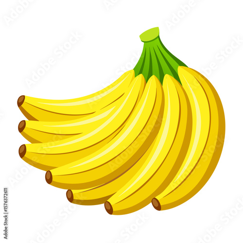 A vibrant cartoon illustration of a bunch of ripe bananas showcasing their bright yellow color and green stem set against a clean white background for