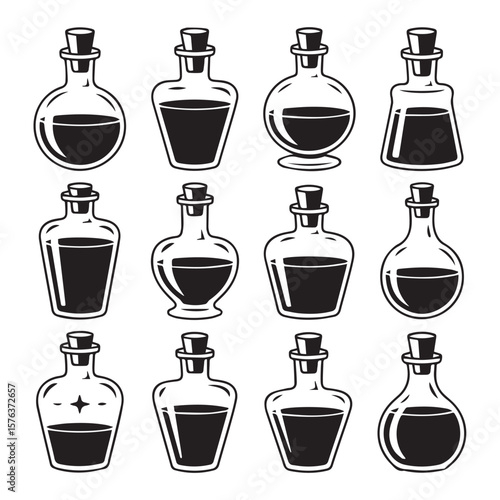 Twelve distinct potion bottles, some containing sparkling liquids, arranged in a grid on a white background