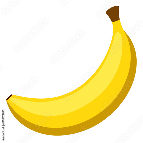 A vibrant cartoon style illustration of a single ripe banana with a slightly curved shape showcasing its bright yellow peel and brown stem tips against