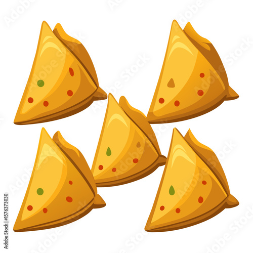 A vibrant illustration showcases five golden samosas each a triangular delight filled with savory ingredients arranged against a clean white backdrop promising a delicious culinary