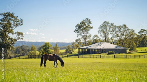 Horse grazing in a lush green pasture with a house in the background under a clear blue sky.