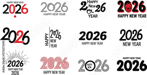 Happy New Year 2026 greetings inscription lettering big set, hand drawn and digital typographic compositions.