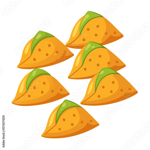 A vibrant illustration showcases a cluster of six cartoon style tacos each featuring a crispy orange shell and a peek of green filling arranged against