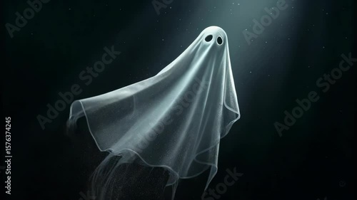 Creepy ghost figure draped in a white sheet, floating in midair against a dark and foggy background.
