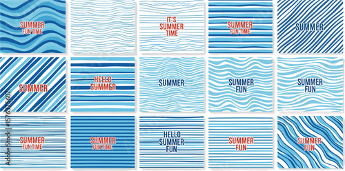 Sea ripples water waves marine summer backgrounds set. Uneven deformed hand drawn blue wavy organic doodle curved winding lines, stripes square patterns. Hello it's summer time hand lettering