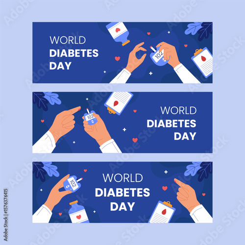 Flat design World Diabetes Day horizontal banner template. Clean illustration blood glucose meter, health icons. Perfect for awareness banners, social media, and medical campaigns.