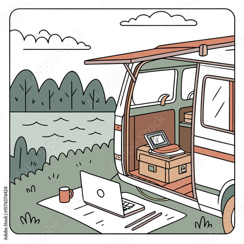 A van parked near a lake with a laptop and coffee mug outside and another laptop inside the van near books