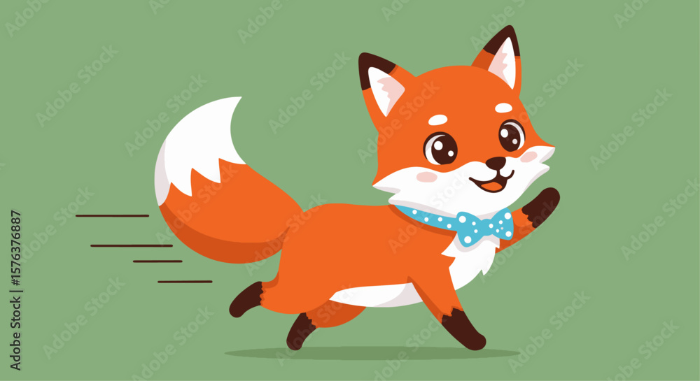 Fototapeta premium Cute Cartoon Fox Character Running and Waving. Adorable cartoon fox mascot running and waving, wearing a bow tie and backpack. Ideal for children's themes, animal content, and energetic branding.