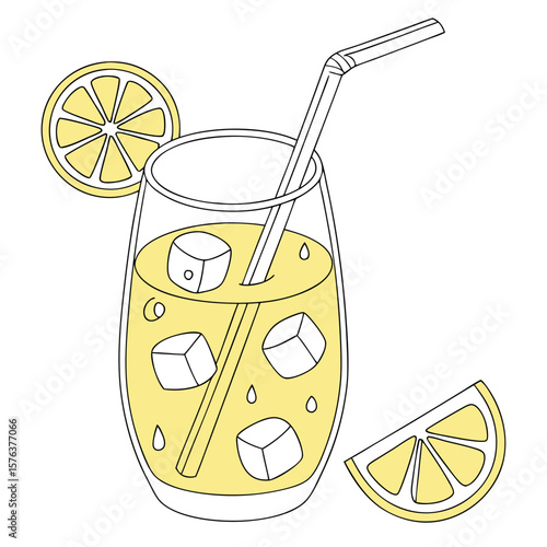 Illustration of a tall glass filled with yellow liquid, ice cubes, and a straw, garnished with lemon slices