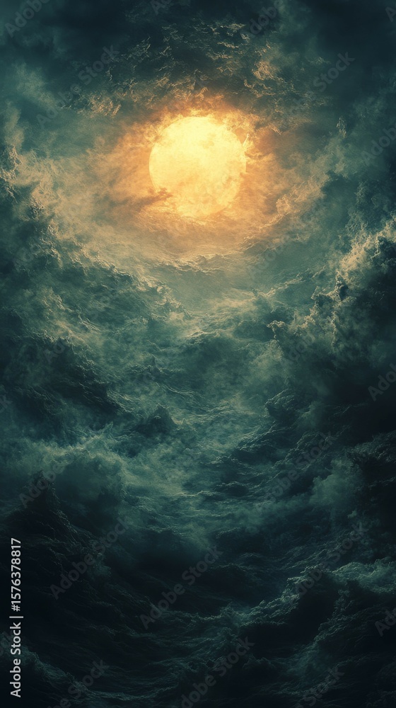 Fototapeta premium Glowing Orb Illuminating Dark Stormy Sky with Dramatic Clouds