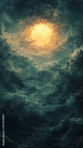 Glowing Orb Illuminating Dark Stormy Sky with Dramatic Clouds