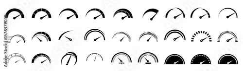 Speedometer and dashboard gauge vector icon set with RPM, fuel, and tachometer dials for car speed measurement visuals