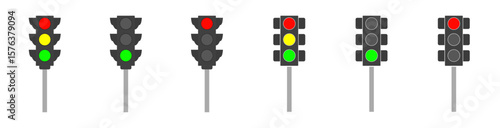 Traffic light icon set with red, green, and yellow signals for road safety and stop signs, vector illustration for street and crossroad warning design