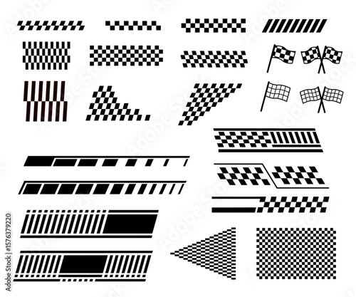 Racing stripe and checkered flag vector set with speed line graphics for car racing and motorsports themes