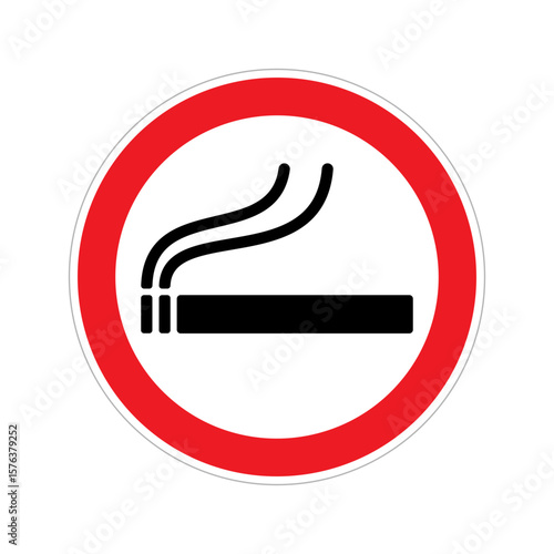 A bold no smoking sign features a cigarette with smoke, placed in a public space. The bright colors aim to promote a smoke-free environment and protect health