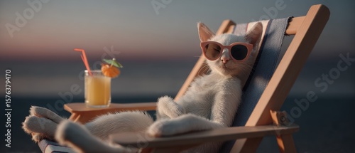 Cool cat relaxing on beach chair with sunglasses at sunset
