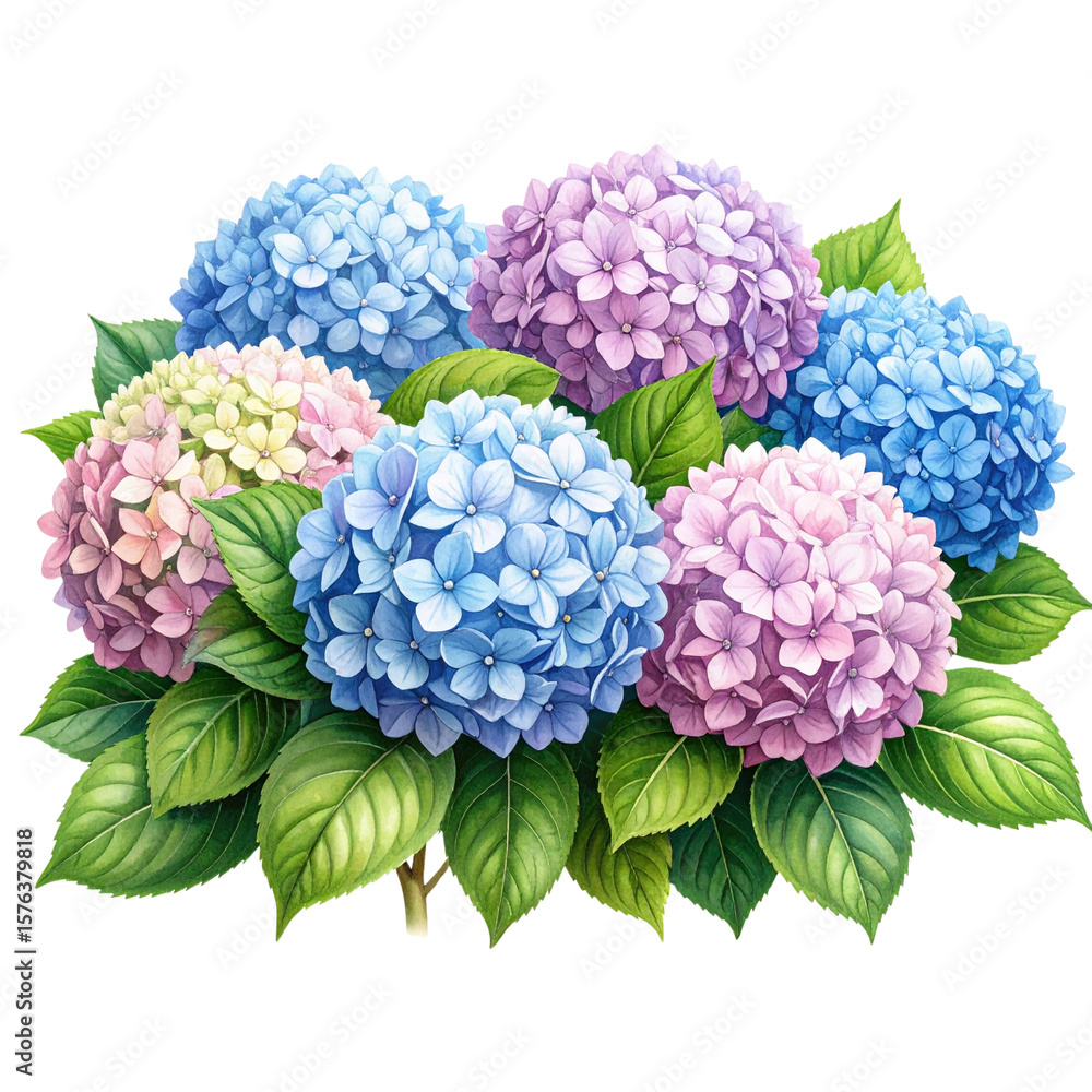 Obraz premium Hand-Drawn Hydrangea Bush with Detailed Flowers and Leaves, Transparent Background