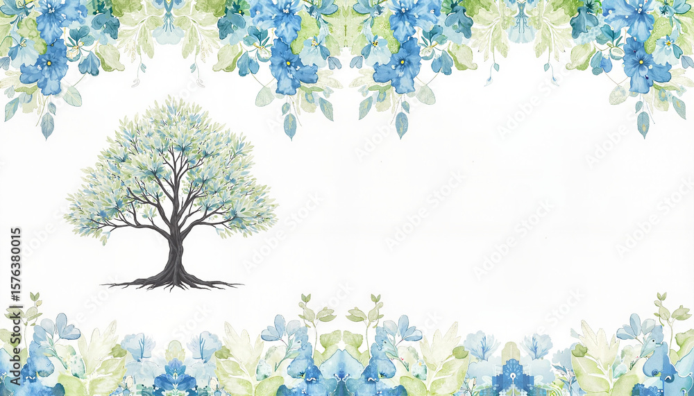 Fototapeta premium Tree illustration with blue flowers and greenery on white background 