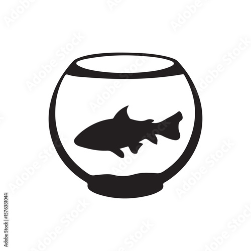 Black Silhouette Fish in a Round Glass Bowl Illustration