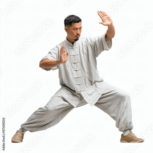 A man practicing Tai Chi with controlled movement on white background