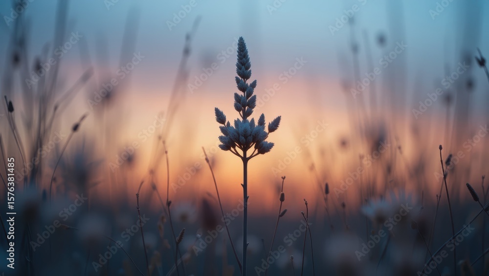 Frost-Covered Lavender Plant Silhouetted Against a Colorful Winter Sunrise in Nature Frost-Covered Lavender Plant Silhouetted Against a Colorful Winter Sunrise in Nature