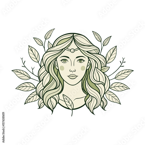 Floral spring girl illustration with beautiful face and flowing hair