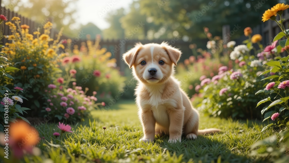 Cute Puppy Sitting in a Flower Garden Surrounded by Colorful Blooms in Soft Morning Light Cute Puppy Sitting in a Flower Garden Surrounded by Colorful Blooms in Soft Morning Light