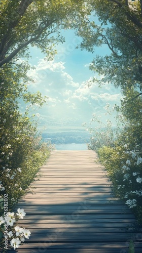 Walking on Wooden Path Towards Distant Water Under Bright Sky