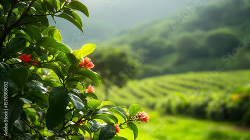 Green plants with small orange flowers and a background of rolling green hills. Nature close-up.