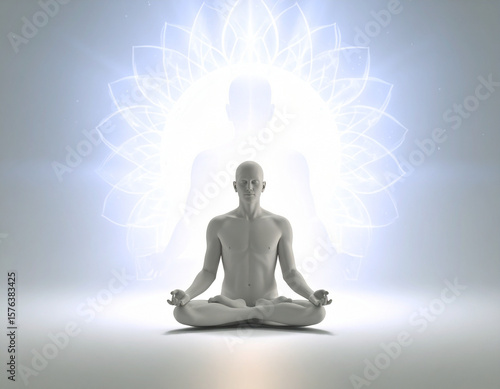 A pristine white humanoid figure in a lotus pose, emanating a bright, glowing lotus flower aura from behind against a soft, gradient white background, symbolizing purity and spiritual illumination.