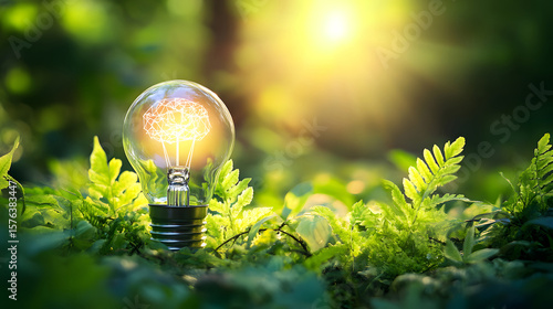 A lightbulb with a brain inside, sitting in green foliage. Concept of nature and intelligence.