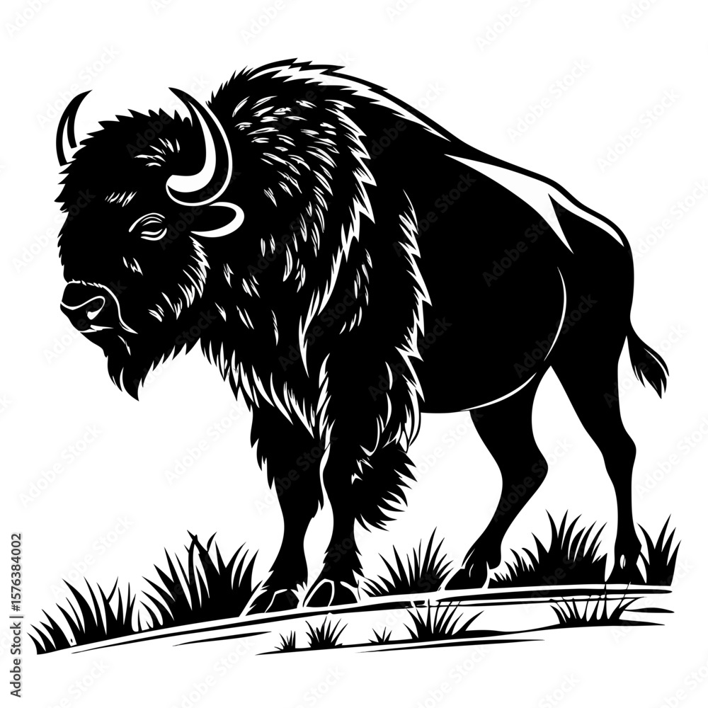 Fototapeta premium Isolated Black Silhouette of an American Bison on White Background