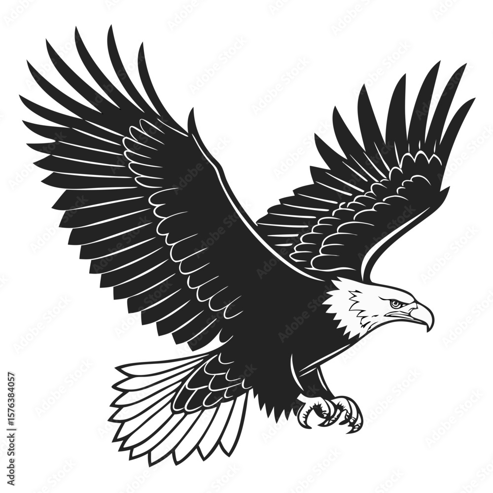 Fototapeta premium Isolated Black Silhouette of an Eagle in Flight on White Background