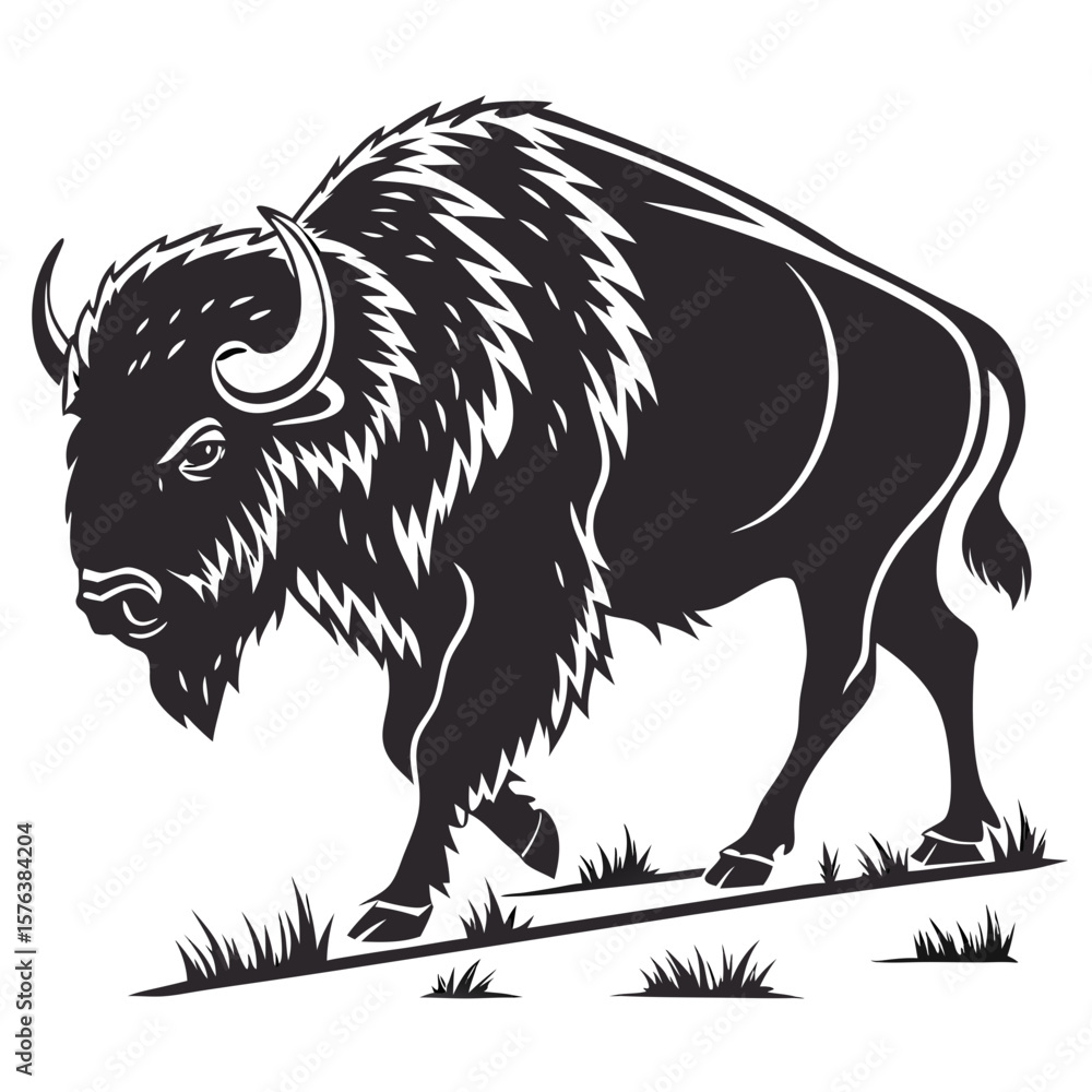 Obraz premium Isolated Black Silhouette of an American Bison on White Background