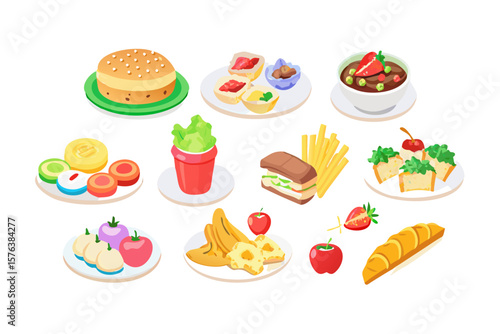 Assortment of delicious food items and snacks arranged on plates and bowls